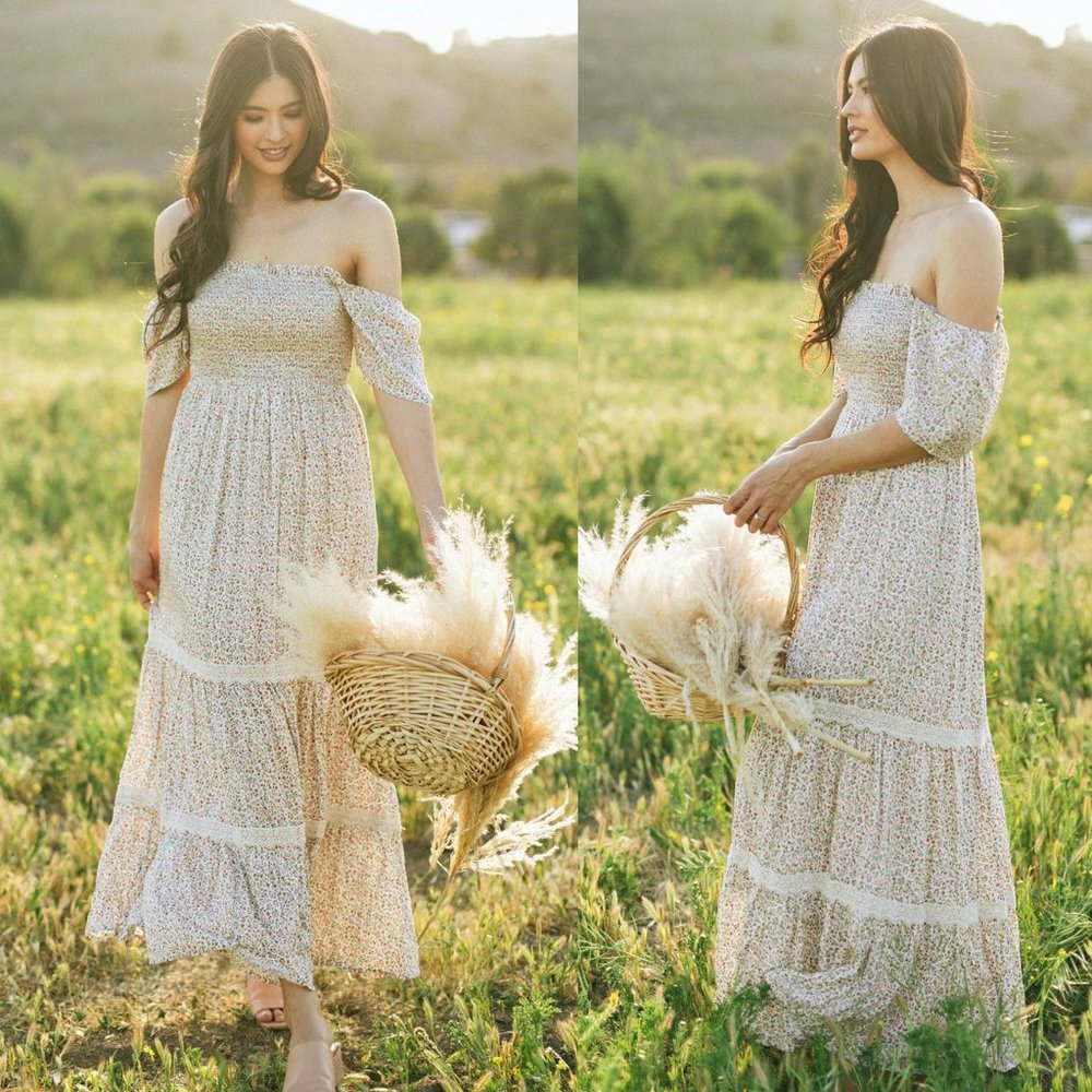 NEW Ditsy Floral Smock Square Neck Boho Maxi Dress - Picture 2 of 13
